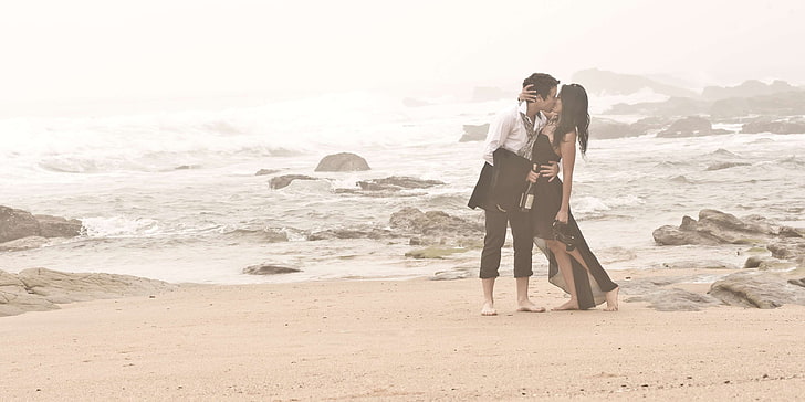 adult, affection, beach, boy, couple, foggy, girl, hazy, kissing