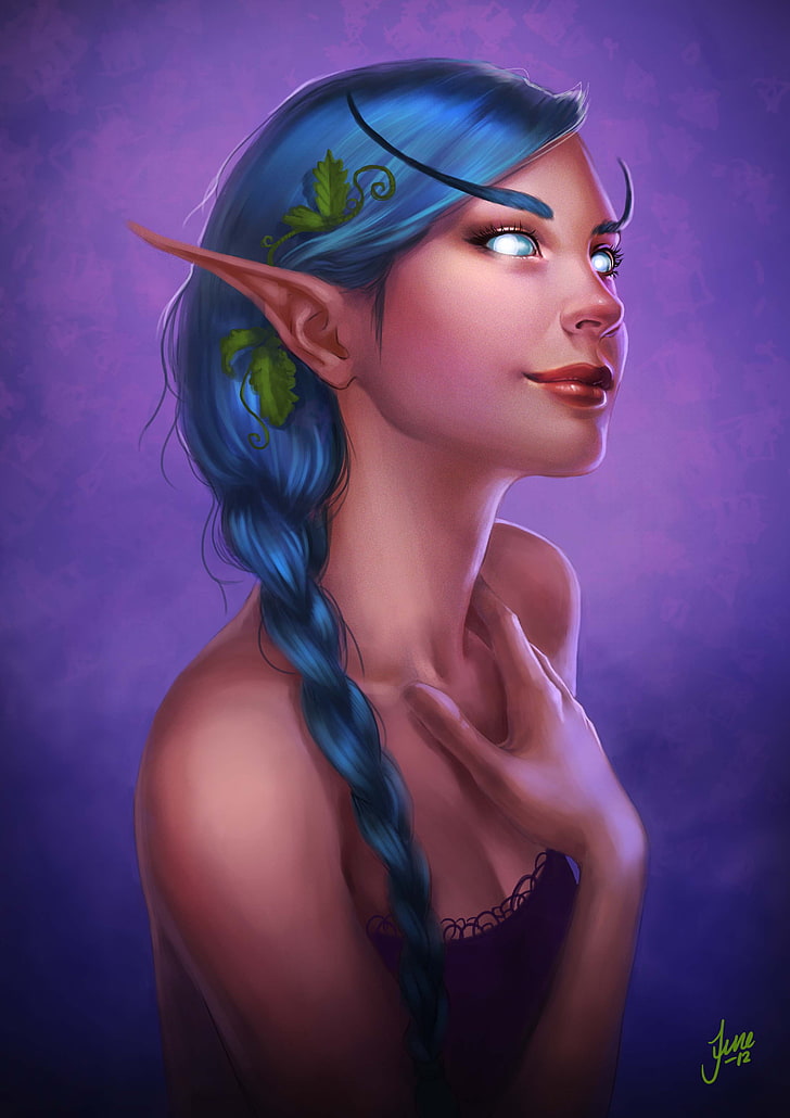 blue haired fairy painting, Tyrande Whisperwind, elven, World of Warcraft, HD wallpaper
