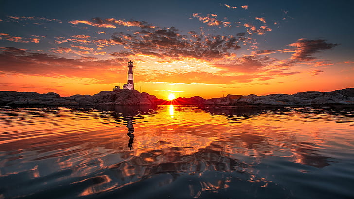 Shore, lighthouse, sunset, clouds, water reflection, red sky, white lighthouse