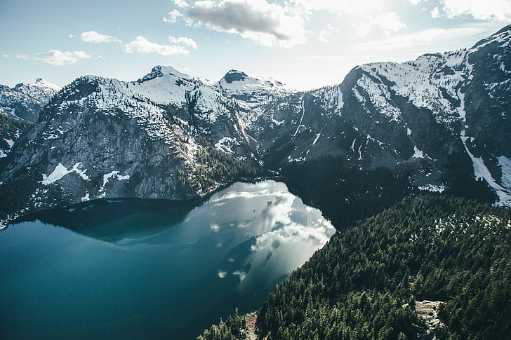 aerial photo of lake surrounded by alpine mountains, nature, forest
