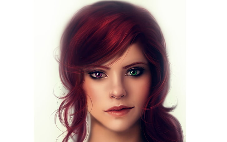 women's red lipstick art, artwork, green eyes, redhead, heterochromia