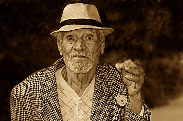 elderly, man, old, person, pocket watch, portrait, sepia, time, HD wallpaper