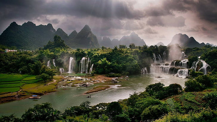 Vietnam, waterfalls, waterfalls, river, sunbeams, amazing nature, HD wallpaper