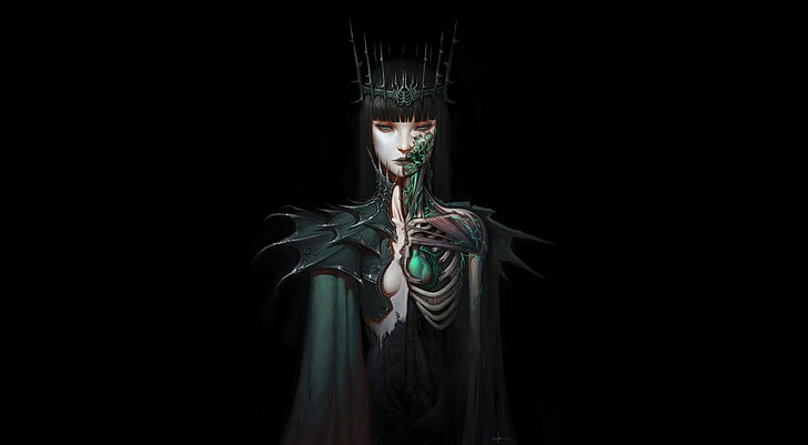 crowned woman wearing green and black dress, fantasy art, artwork
