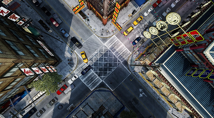 Grand Theft Auto 4, aerial photo of vehicles, Games, City, video game