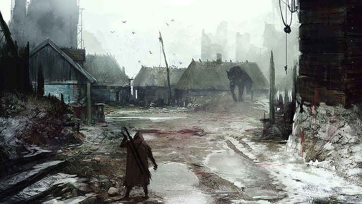 man and wolf painting, The Witcher, Geralt of Rivia, The Witcher 3: Wild Hunt, HD wallpaper