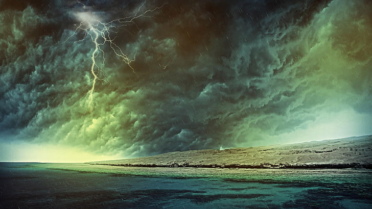 storm, lightning, cloudy, stormy, coast, bad weather, thunderstorm, HD wallpaper