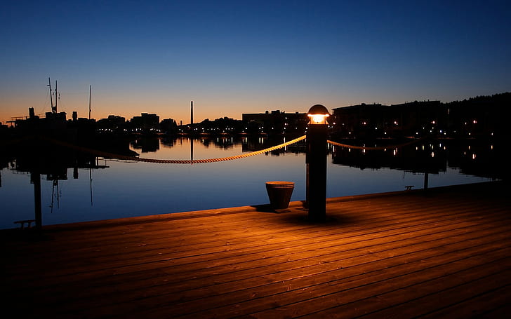 Finland, harbor, silhouette, pier, sunset, wood, lights, HD wallpaper