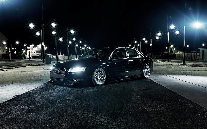 black Audi A4 sedan, night, the city, lights, car, street, transportation, HD wallpaper