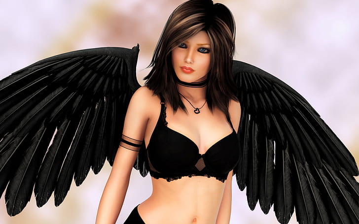 Fantasy girl, angel, black wings, HD wallpaper