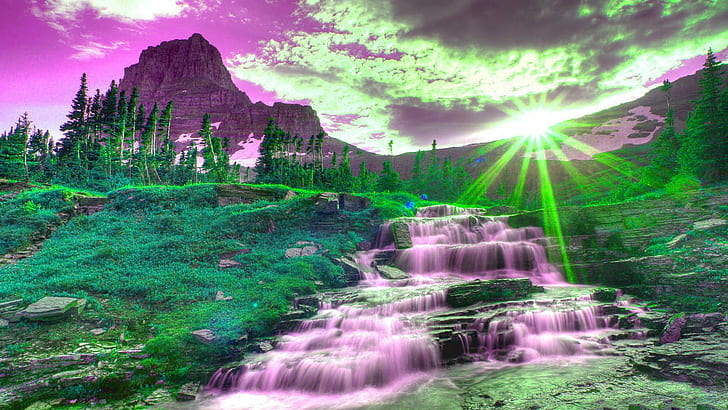 Waterfall High Quality Hd . Jpg, green and purple water falls illustration