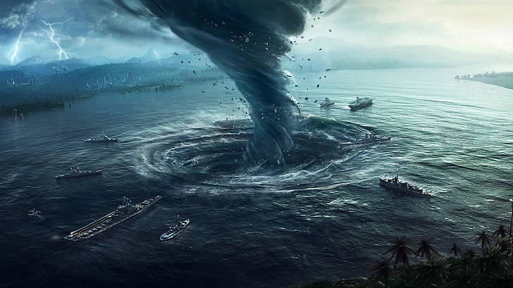 illustration of tornado near ships digital wallpaper, Desktopography