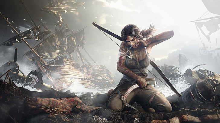 woman with bow illustration, Tomb Raider, video games, rain, Lara Croft, HD wallpaper