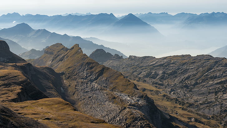 gray and brown mountains, mist, Jungfrau, Landscapes, Switzerland
