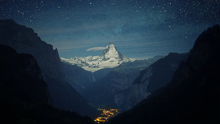 nature, sky, mountains, Matterhorn, Switzerland, stars, night, HD wallpaper