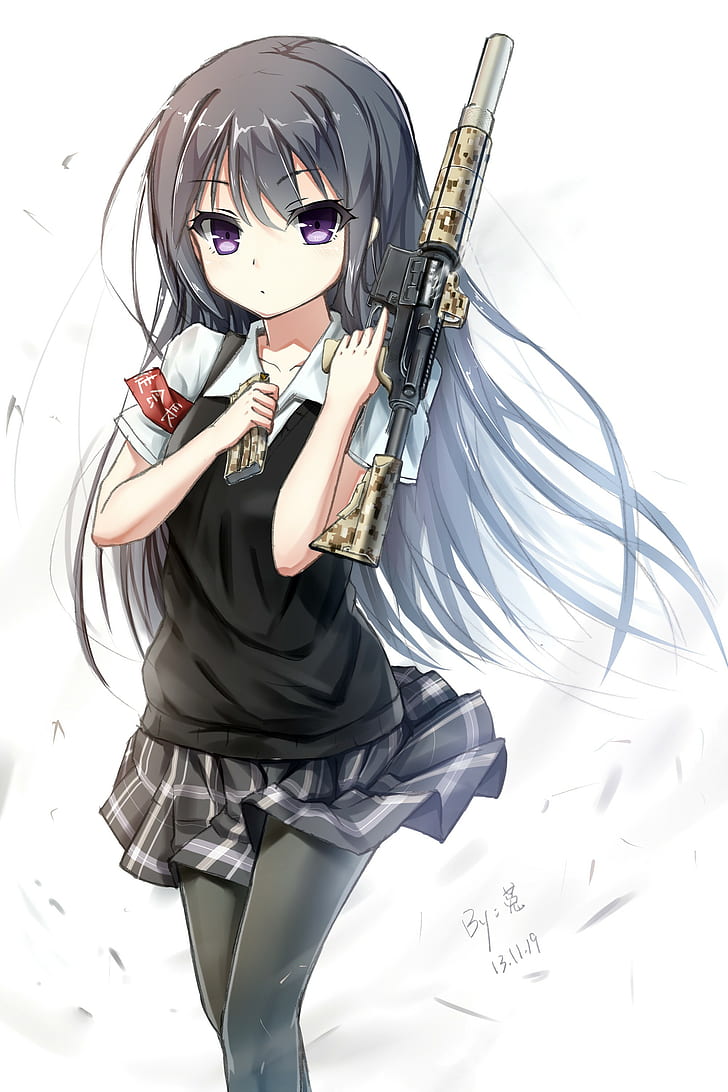 anime, anime girls, gun, weapon, long hair, purple eyes, AR-15, HD wallpaper
