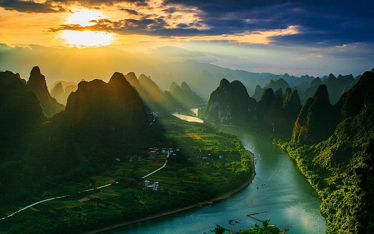 Landscape, Nature, Mountain, River, Sun Rays, Village, China, Sunset, Field