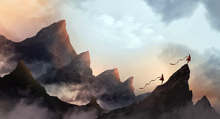 brown mountains painting, Journey (game), mist, couple, cloud - sky