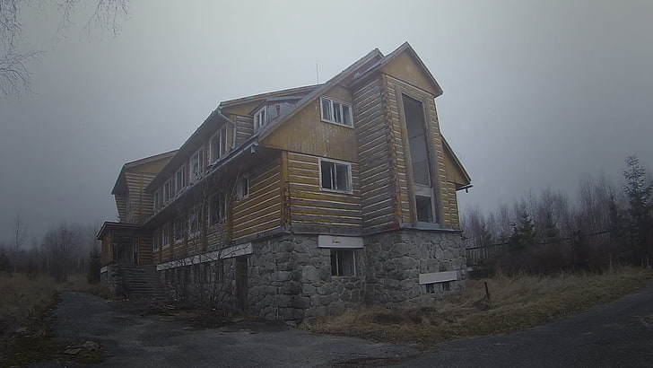 brown wooden house, abandoned, Slovakia, mist, building, architecture