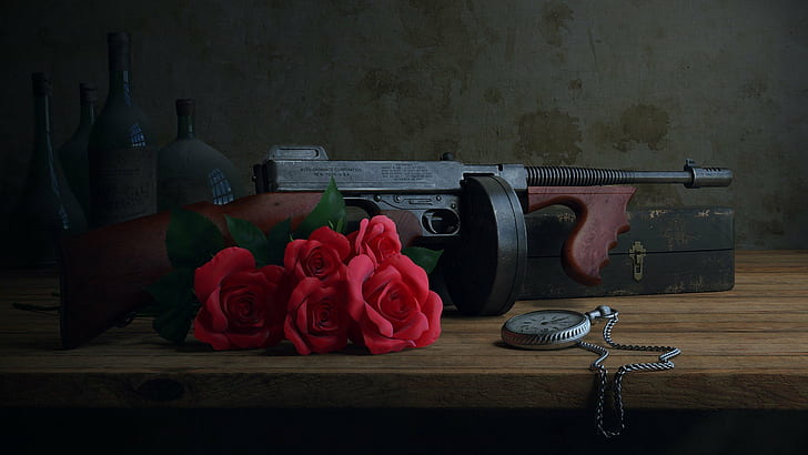 gun machine gun thompson old photography pocket watch watch bunch of roses rose bottles history, HD wallpaper