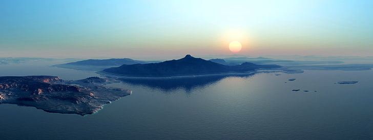 silhouette of island, landscape, multiple display, water, sky, HD wallpaper