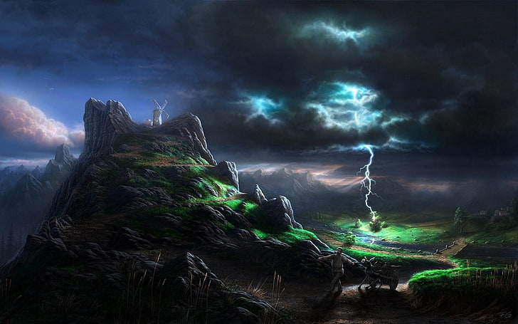 brown and green mountain illustration, lightning, blow, elements