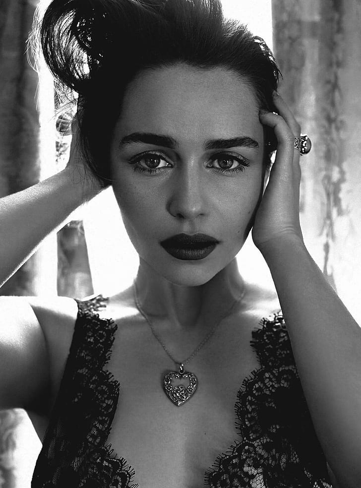 Emilia Clarke, actress, monochrome, lipstick, necklace, dress