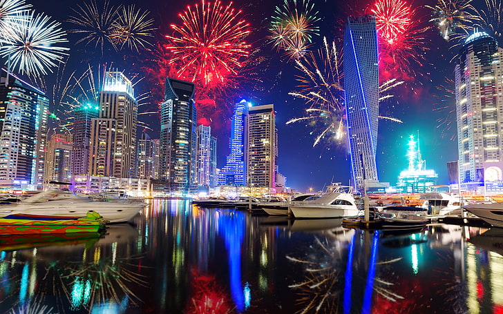 Dubai At Night United Arab Emirates Charter Flights Holidays Christmas Skyscrapers Fireworks In The Night Desktop Hd Wallpaper 4600×2875