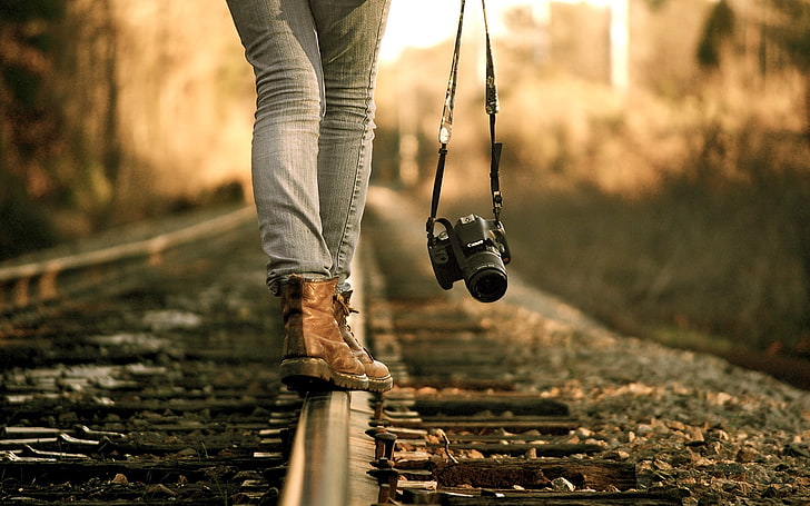 women, camera, railway, Canon, women outdoors, photographer, HD wallpaper