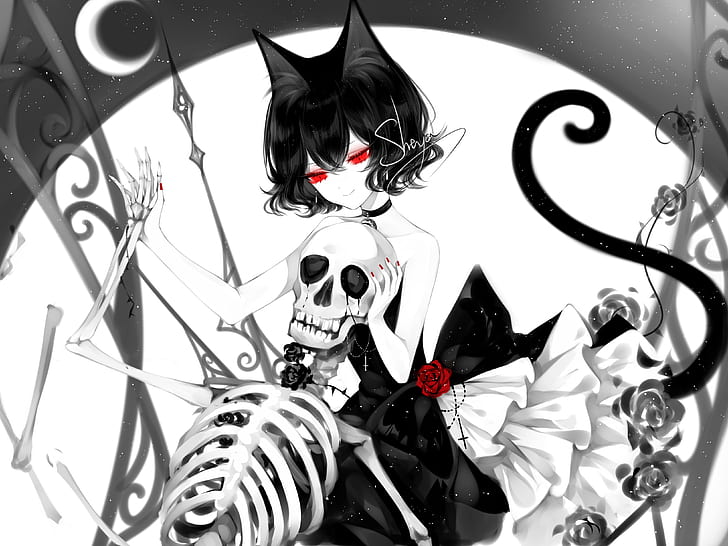 HD wallpaper: Anime, Original, Black Hair, Girl, Red Eyes, Skeleton |  Wallpaper Flare