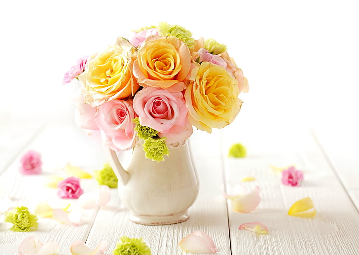 yellow and pink roses, bouquet, gentle, flowers, tender, pastel, HD wallpaper