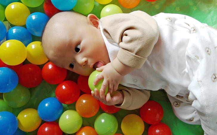 Colorful play balls, joy cute baby, HD wallpaper