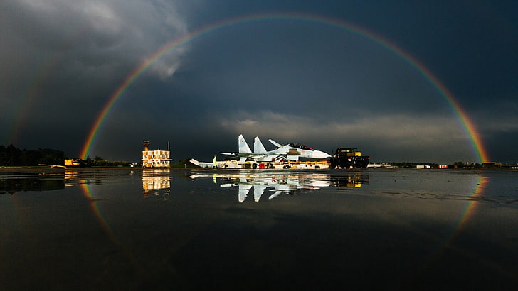 Sukhoi Su-27, water, rainbow, sky, cloud - sky, nautical vessel, HD wallpaper