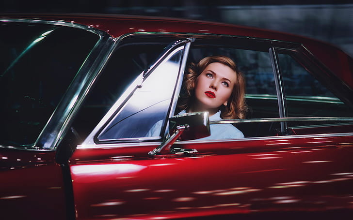 women, car, lipstick, women with cars, model, vehicle, vintage, HD wallpaper