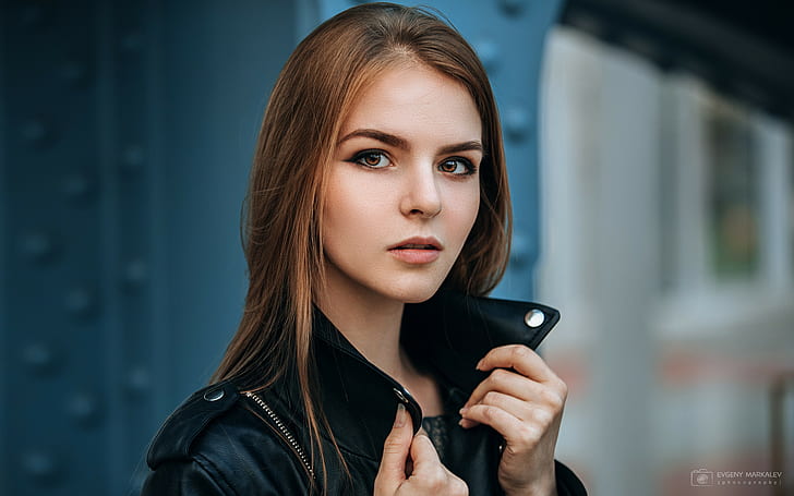 Vasilisa Sarovskaya, brunette, face, model, leather jackets, HD wallpaper