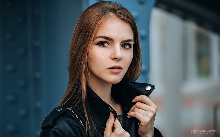 women, brunette, brown eyes, open mouth, leather jackets, looking at viewer
