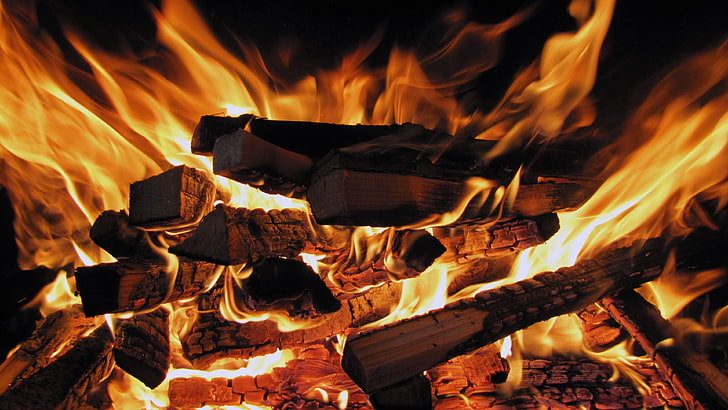 black firewood, burning, fire - natural phenomenon, flame, heat - temperature, HD wallpaper