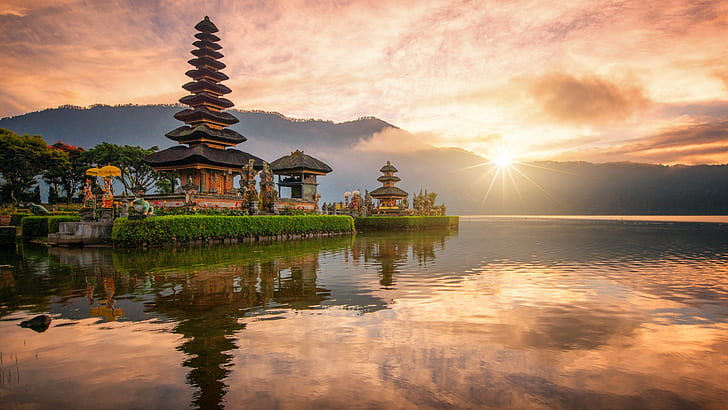 Sun, clouds, sky, mountains, lake, water ripples, Asian architecture