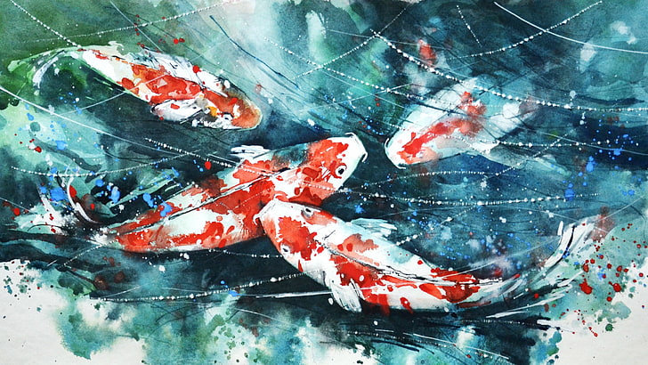 school of koi fish painting, watercolor, artwork, paint splatter