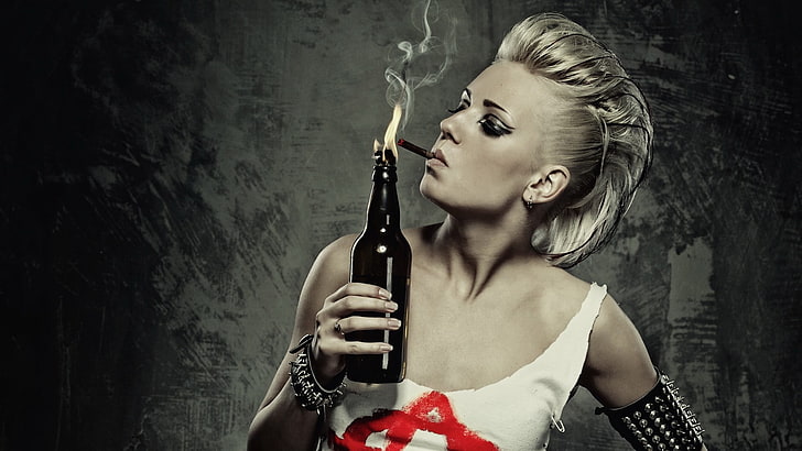 punk, Molotov, women, blonde, bottles, smoke, cigarettes, people