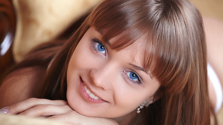 HD wallpaper: woman brown hair, model, women, blue eyes, face, portrait,  beauty | Wallpaper Flare