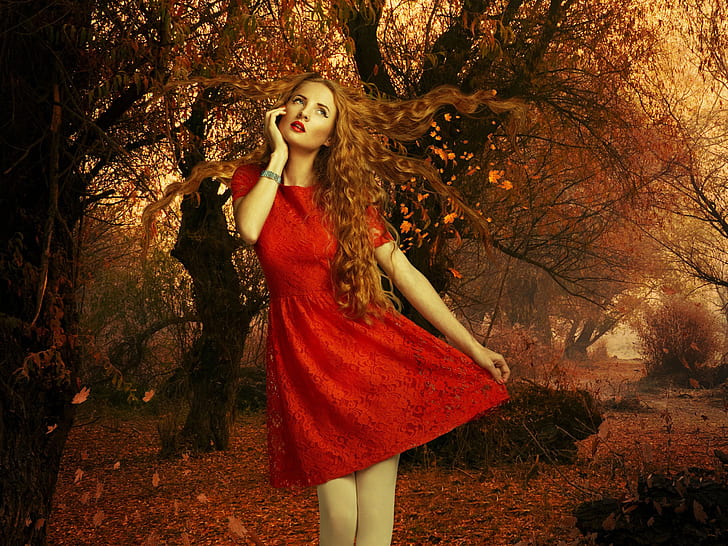 Red dress girl, autumn, leaves, trees, HD wallpaper