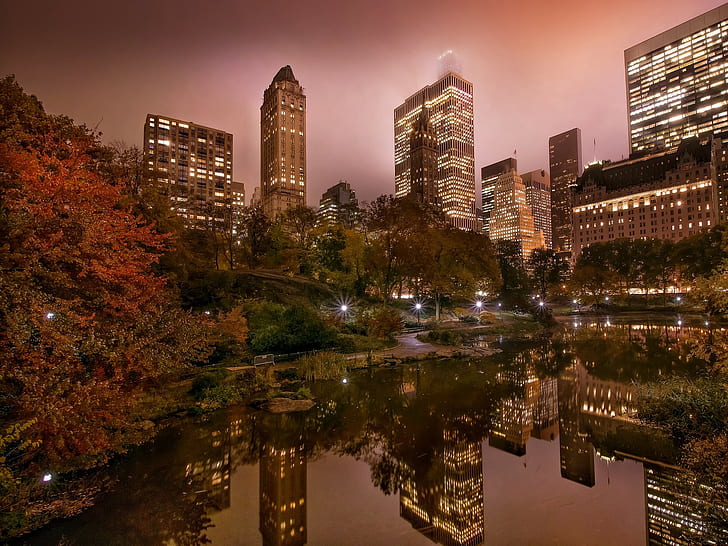 city, pond, Central Park, New York City