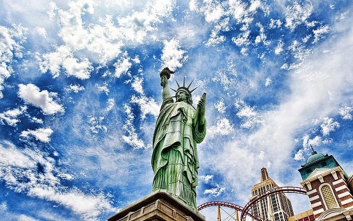 Statue of Liberty, New York, clouds, HDR, worm's eye view, cloud - sky, HD wallpaper