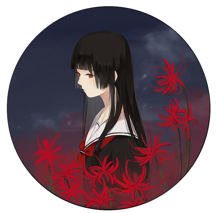 Jigoku Shoujo, anime girls, Enma Ai, red, flower, circle, nature