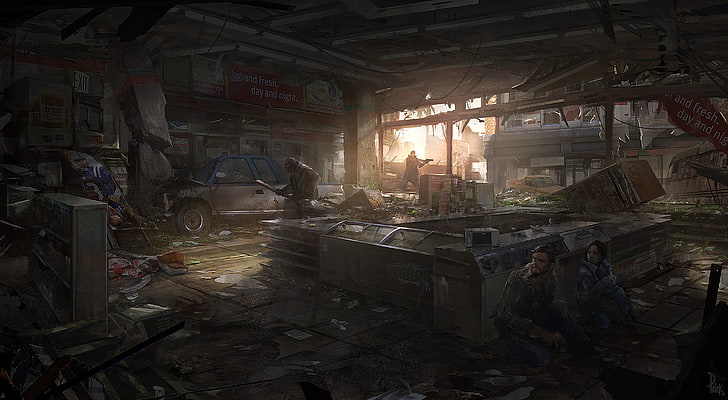 brown wooden framed glass top table, The Last of Us, concept art