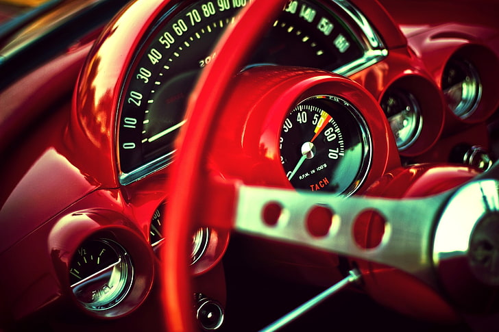 red vehicle steering wheel, car, muscle cars, interior, motor vehicle