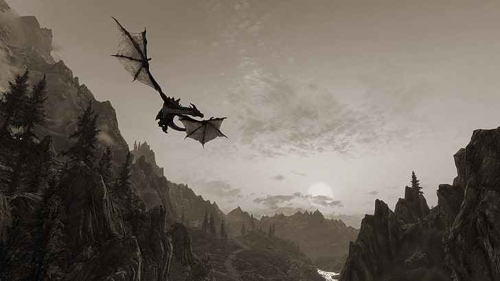 gray dragon, The Elder Scrolls V: Skyrim, video games, mid-air, HD wallpaper