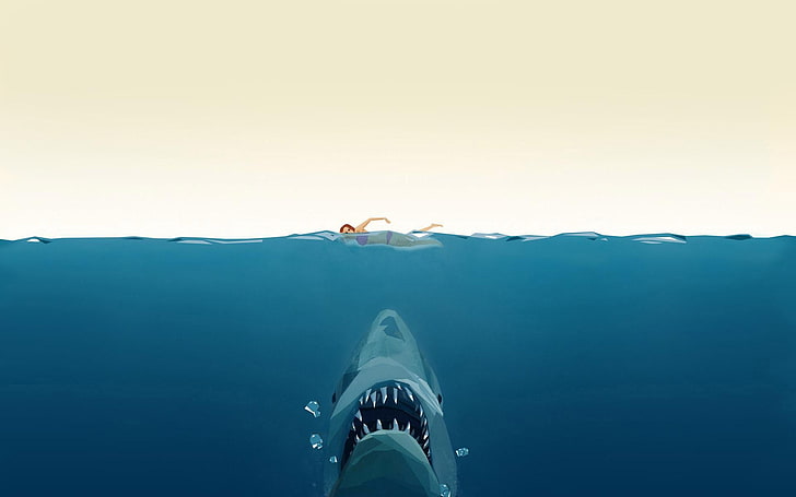 woman swimming on sea surface with shark illustration, digital art