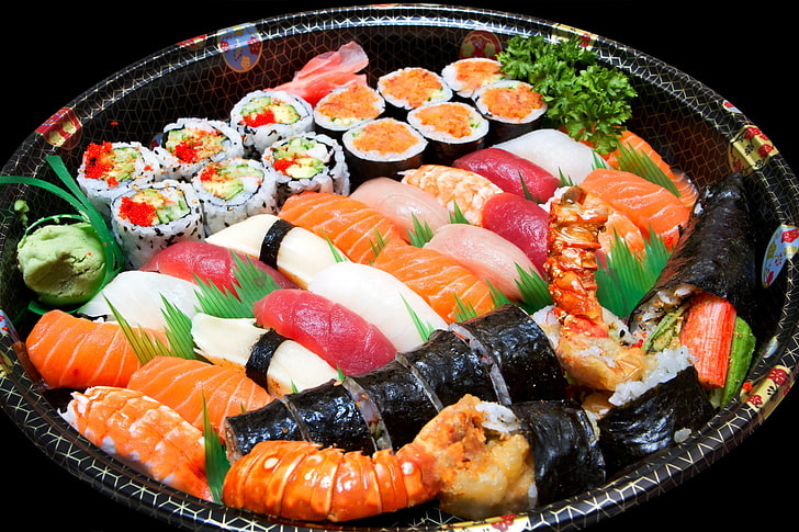 assorted-flavor sushi lot, rolls, seafood, meat, gourmet, meal, HD wallpaper